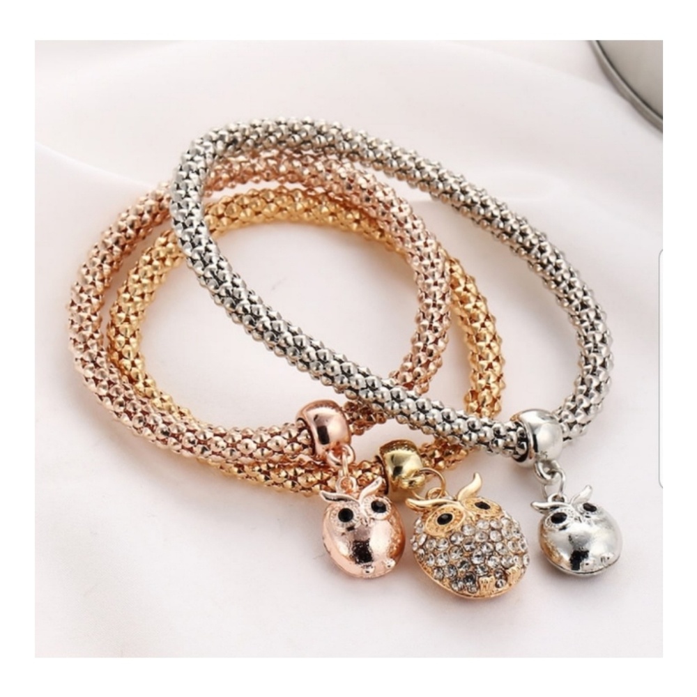 3 Piece Owl Rhinestone Charm Bracelet